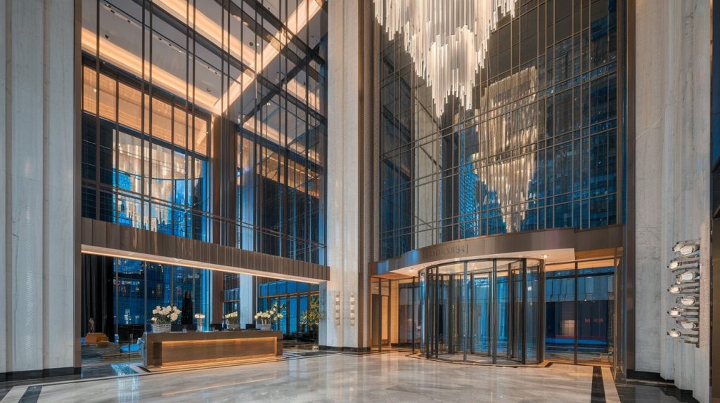 Funeral flower delivery concerns in luxury Manhattan high-rise lobby, modern marble and glass design, professional architectural photography, dramatic interior lighting, elegant security desk, soaring ceilings