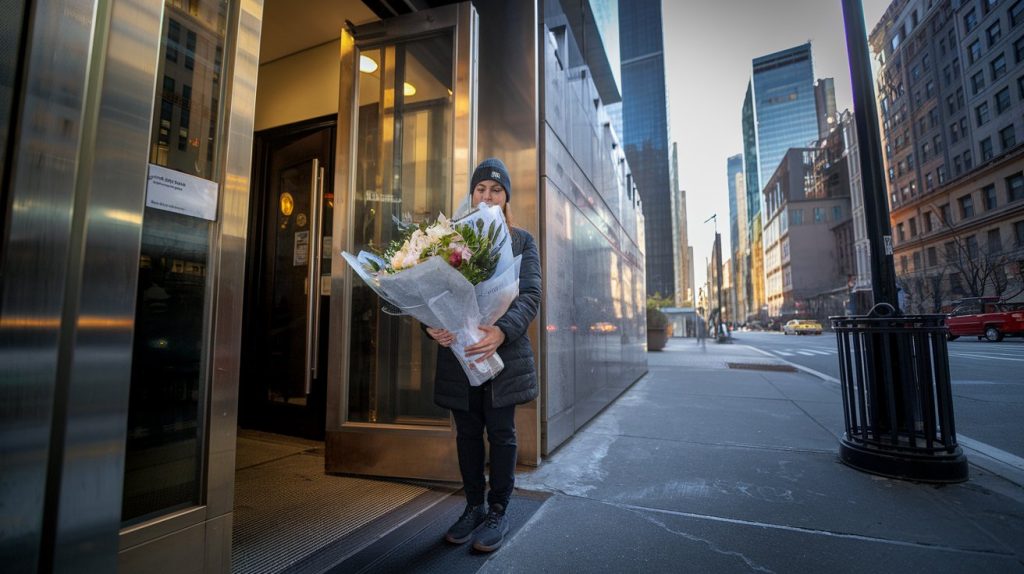 Manhattan street scene early morning, female florist delivery person with wrapped sympathy flowers at building entrance, professional urban photography, towering skyscrapers background, dramatic morning light, clear day