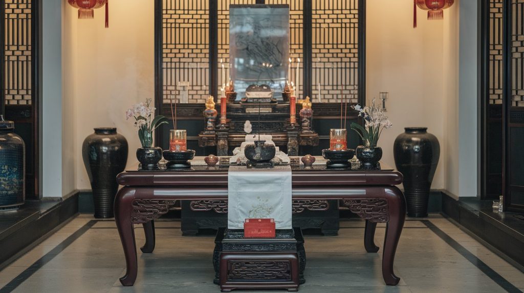 Traditional Chinese memorial altar settings, elegant wooden table, incense holders, traditional decorative elements, soft natural lighting