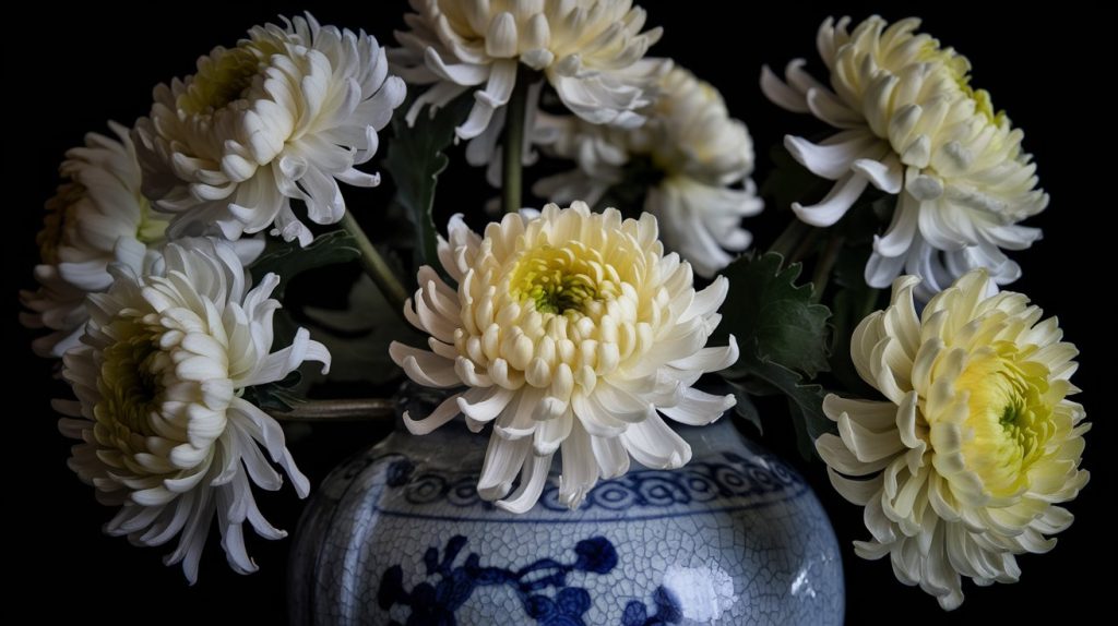 Professional still life of white and yellow chrysanthemums, traditional Chinese ceramic vase, dramatic studio lighting, soft shadows, ultra detailed flower photography, elegant composition, black background, museum quality photograph